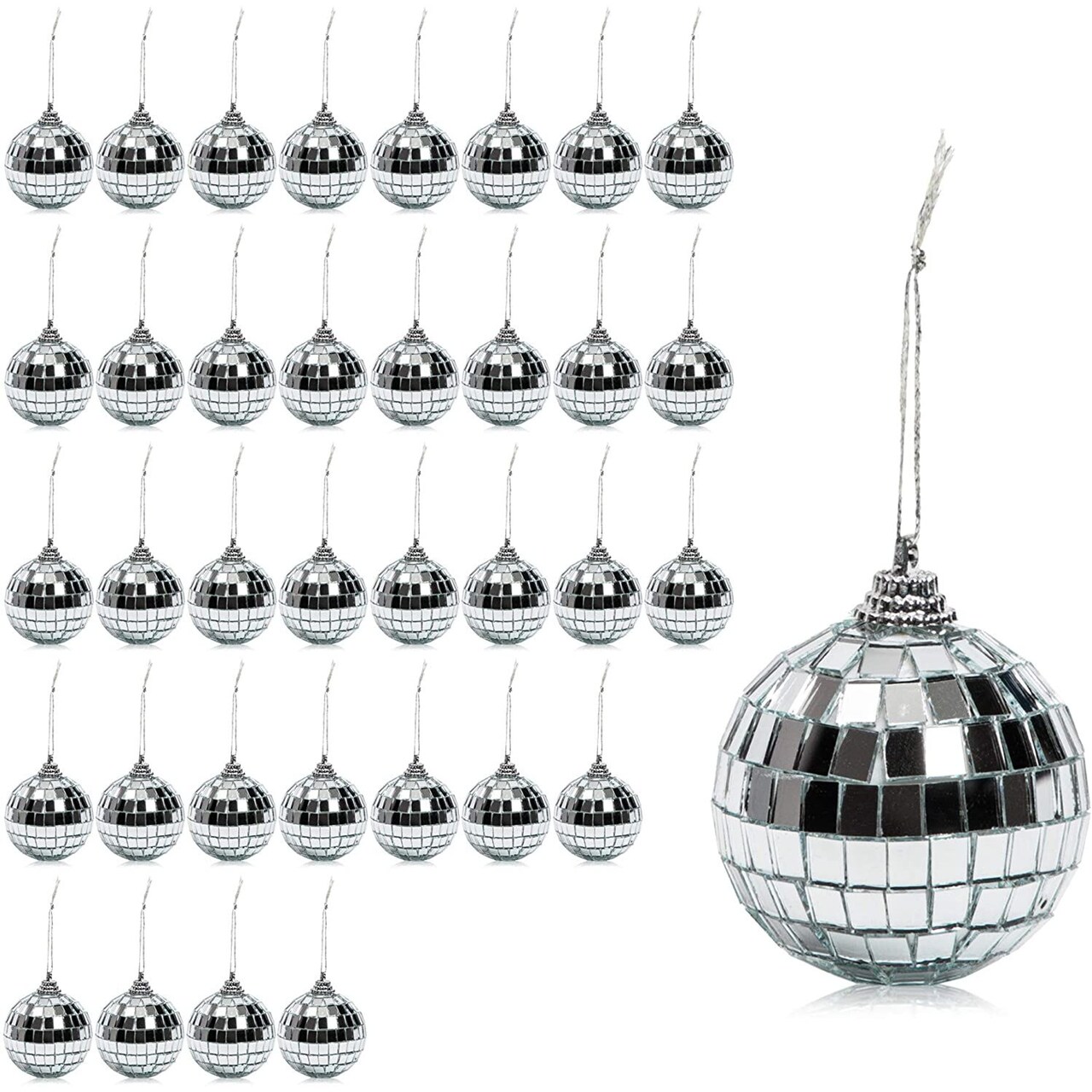 Okuna Outpost 36 Pack Silver Disco Ball Ornaments - 2-Inch Christmas Decorations - Disco Ornaments for Christmas Trees & Living Rooms